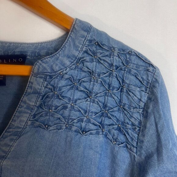 Bandolino Denim Vneck Cotton Blend Beaded Textured Shoulder Size Small Chambray - Picture 6 of 11